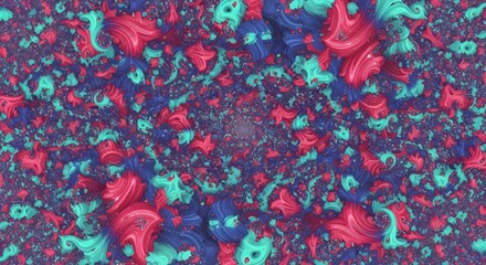 Fractal pattern with swirling red blue and teal shapes