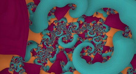Fractal pattern with swirling shapes in teal magenta and orange hues