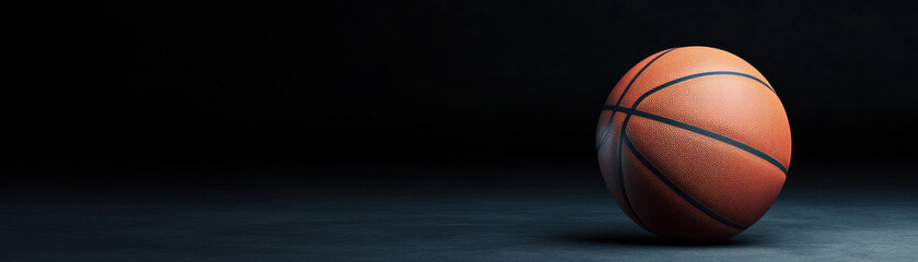 Basketball ball on empty court with dark background creating dramatic and intense sports atmosphere