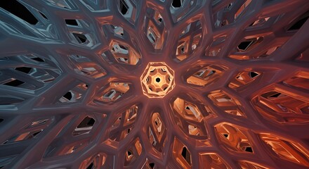 Futuristic geometric lattice with glowing center against black