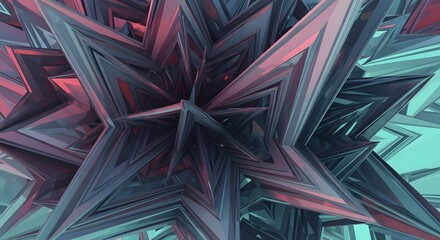 Geometric abstraction of sharp intersecting planes in blue teal and pink hues