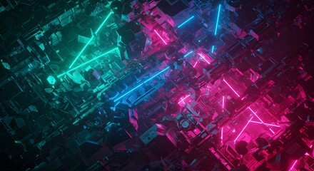 Geometric digital landscape with neon blue and pink light lines