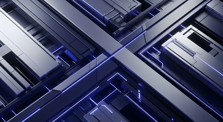 Geometric metallic structures with glowing blue lines