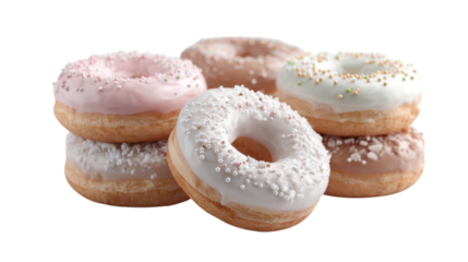 Assortment of delicious donuts with colorful sprinkles isolated on transparent background