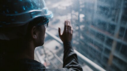 Worker wearing smart helmet with HUD displaying construction site data