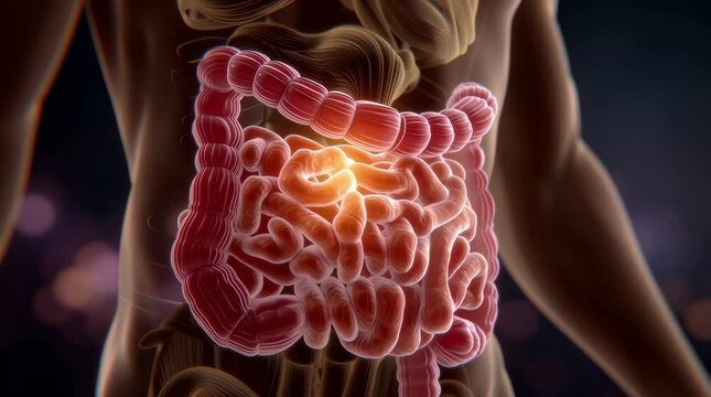 Anatomy of the human digestive system, showing the intestines in a medical illustration.