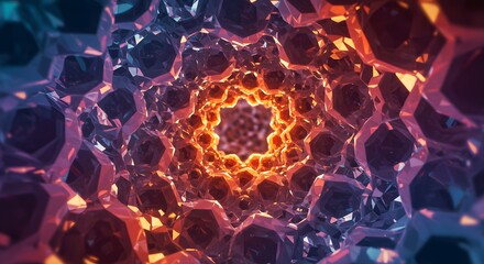 Geometric tunnel of shimmering crystals with an orange glow