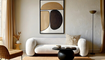 Modern living room with a white textured sofa