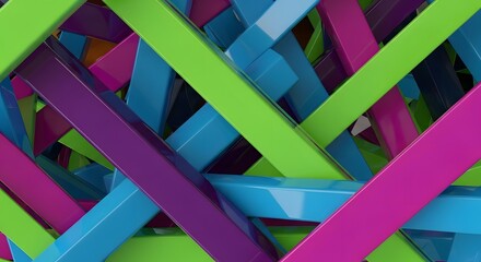 Intersecting colorful plastic bars form a chaotic yet vibrant abstract pattern