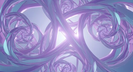Intertwined iridescent purple and teal ribbons forming fractal spirals against a light background