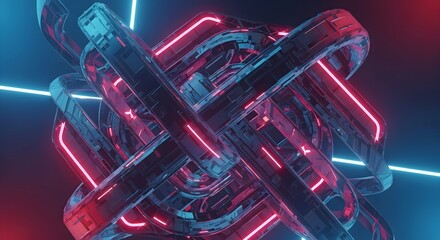 Intertwined metallic tubes with pink and blue neon lights