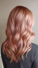 Obraz premium Medium-length gold pink wavy hairstyle shown from behind, highlighting a shiny, dimensional hair color perfect for modern beauty looks.