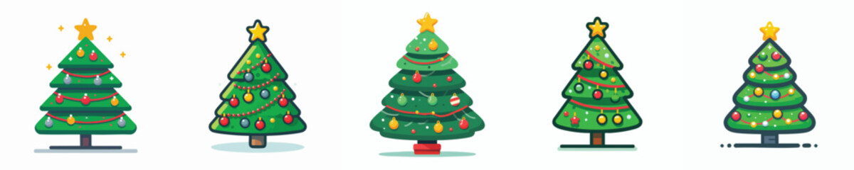 Flat Vector Christmas Trees with Colorful Lights, Garlands, and Star Topper – Holiday Icon Set