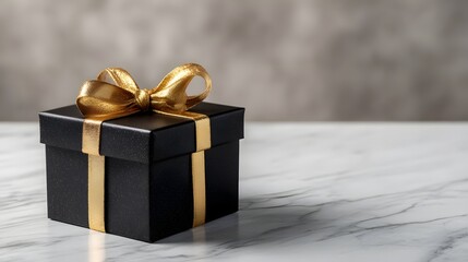 Luxury black gift box with golden bow on marble surface