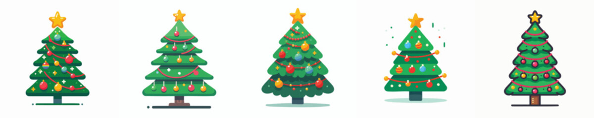 Flat Vector Christmas Trees with Star and Colorful Decorations – Festive Holiday Set