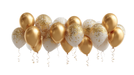Elegant gold and white balloons with gold confetti isolated on transparent background