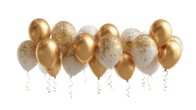 Elegant gold and white balloons with gold confetti isolated on transparent background