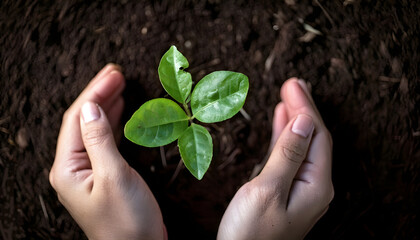 Closeup of hands protecting a small green seedling in rich soil