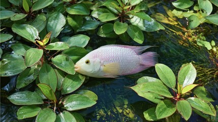 Obraz premium Pale pink fish, still, amongst green water plants