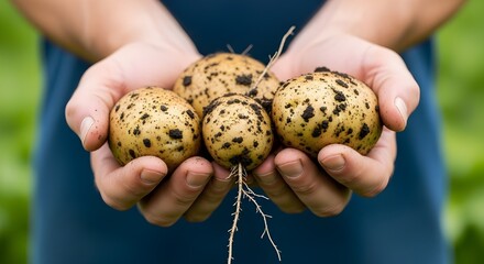 A farmer's hands holding a handful of freshly harvested, soil-covered brown potatoes