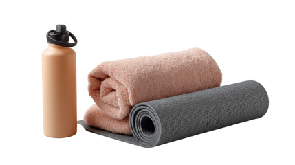 Fitness equipment including a water bottle towel and yoga mat isolated on transparent background