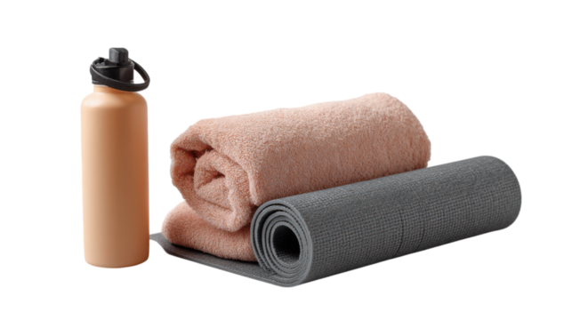 Fitness equipment including a water bottle towel and yoga mat isolated on transparent background - Powered by Adobe