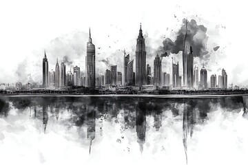 Detailed black-and-white Riyadh skyline ink drawing with reflection, minimalist style