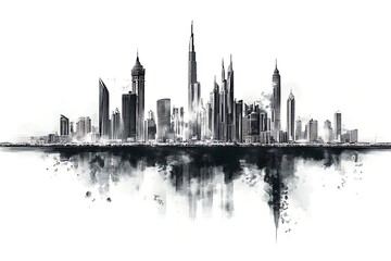 Obraz premium Detailed black-and-white Riyadh skyline ink drawing with reflection, minimalist style
