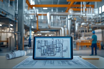 MEP installation on active site — ventilation, wiring, plumbing with tablet and schematics