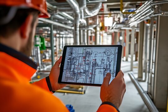 MEP installation on active site — ventilation, wiring, plumbing with tablet and schematics
