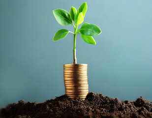 A thriving plant grows from a stack of gold coins in the soil