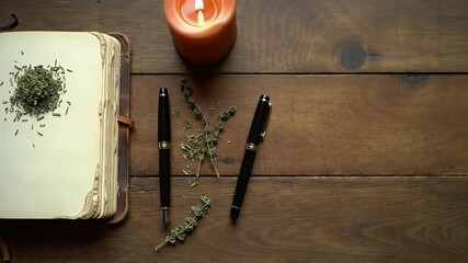 Ancient Herbal Remedies Journal  A Still Life of Dried Herbs, Pens, and Candlelight