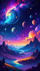 Captivating Cosmic Landscape with Vibrant Colors and Celestial Bodies