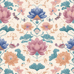 Obraz premium Traditional Korean Lotus and Peony Patterns – Oriental Decorative Floral Seamless Designs