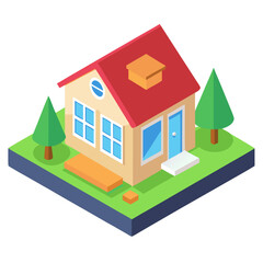 Isometric house with yard and garden, detached home with gable roof and dormer window vector icon on white background.