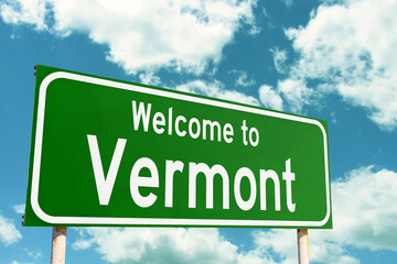 Welcome To Vermont Green Road Sign at the entrance to the state.