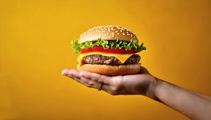 A hand holds a delicious cheeseburger isolated on yellow background