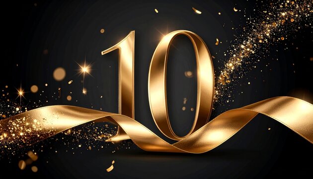A shimmering golden number 10, set against a dark background, celebrates a milestone with elegance and grace, The golden hues of a tenth anniversary shine with festive confetti
