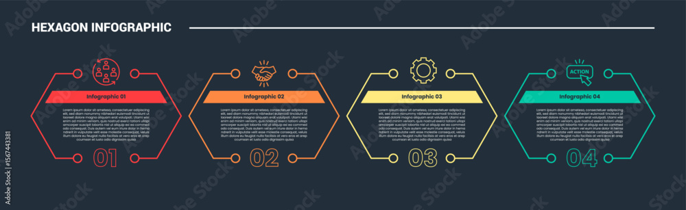 Poster hexagon base shape infographic process diagram with open shape with cut shape center on horizontal d