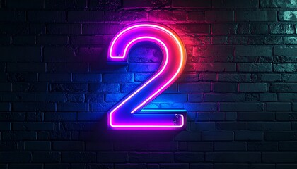 Neon Number Two Sign on a Dark Brick Wall, Vibrant Two Sign Illuminating a Textured Brick Background