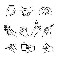 A stylish black and white linear vector set featuring various hand gestures and interactions with objects