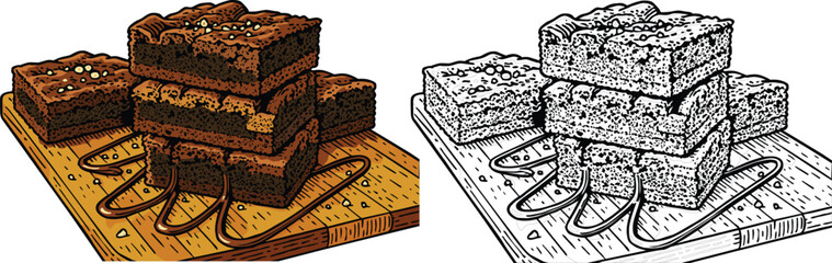 Delicious Chocolate Brownie Stack Vector Illustration Hand-Drawn Cocoa Dessert Art for World Chocolate Day, Bakery Menu, Recipe Book, Packaging Design, and Sweet Treat Promotions EPS File