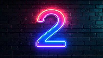 Illuminated Neon Number Two on Dark Brick Wall Backdrop, Vibrant Number 2 Glows Against Textured Brick Surface