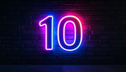Brilliant Neon Number Ten Illuminating a Textured Brick Wall, Vibrant Number 10 Neon Sign Against a Dark, Urban Brick Background