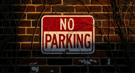 Worn No Parking Sign Affixed to Aged Brick Wall with Twigs Urban Decay