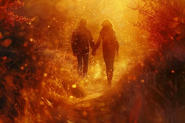 Fototapeta premium Golden Hour Embrace: Silhouetted Couple Walking Hand-in-Hand Through a Magical Autumnal Path, Illuminated by Warm Light and Sparkling Dust Motes