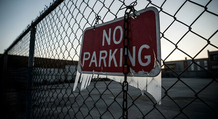 Worn No Parking Sign Hanging On Fence Near an Industrial Area During The Day