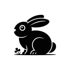 Black Silhouette Rabbit Vector Icon – Cute Bunny Illustration with Clover on White Background

