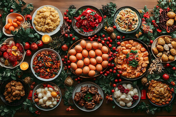 Fototapeta premium Festive Feast: A Lavish Display of Diverse Dishes and Eggs on a