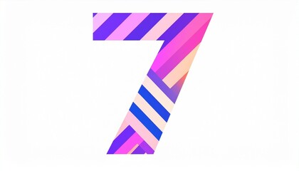 Obraz premium Stylized Number 7 with Diagonal Stripes and Vibrant Gradient Colors on White Background, Bold Number Seven Illustration with Modern Striped Design and Colorful Palette